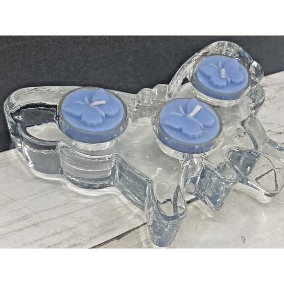 BUTTERFLY Heavy Glass Triple 3-Candle Footed T Lite Holder w/Butterfly Tealights